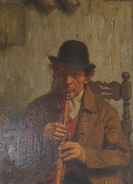 Henry Kokken (Belgian, 1860-1941), Study of a man playing the clarinet, signed, oil on board, 34 x 25cm, ornate framed